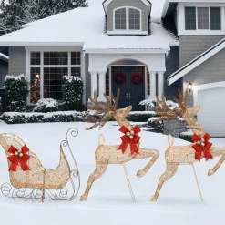 42 in. Glittered Mesh Fabric Deer with 27 in. Sleigh and Lights