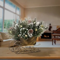 10 in. Glittery Bristle Pine Sleigh with LED Lights