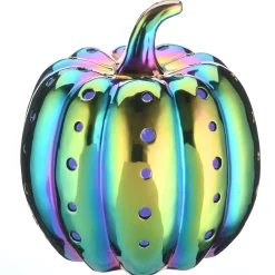 12 in. Halloween Ceramic Iridescent Purple Pumpkin with Multi Color LED Lights