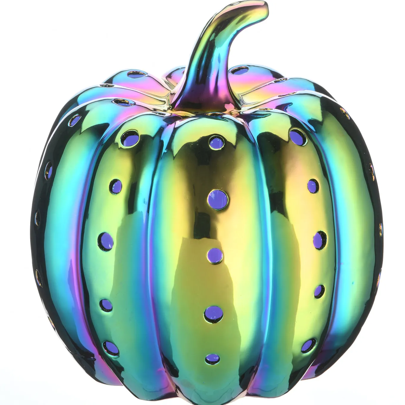 12 in. Halloween Ceramic Iridescent Purple Pumpkin with Multi Color LED Lights