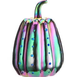 14 in. Halloween Ceramic Iridescent Purple Pumpkin with Multi Color Lights