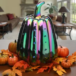 14 in. Halloween Ceramic Iridescent Purple Pumpkin with Multi Color Lights