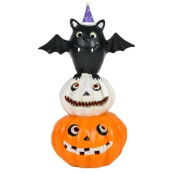 22 in. Halloween Pre-Lit Bat Standing on Pumpkins Tabletop Decoration with LED Lights