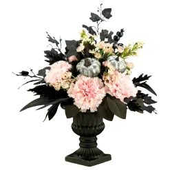 17 in. Halloween Pretty Morbid Pink Carnation Centerpiece with Black Pedestal Urn, Velvet Pumpkins