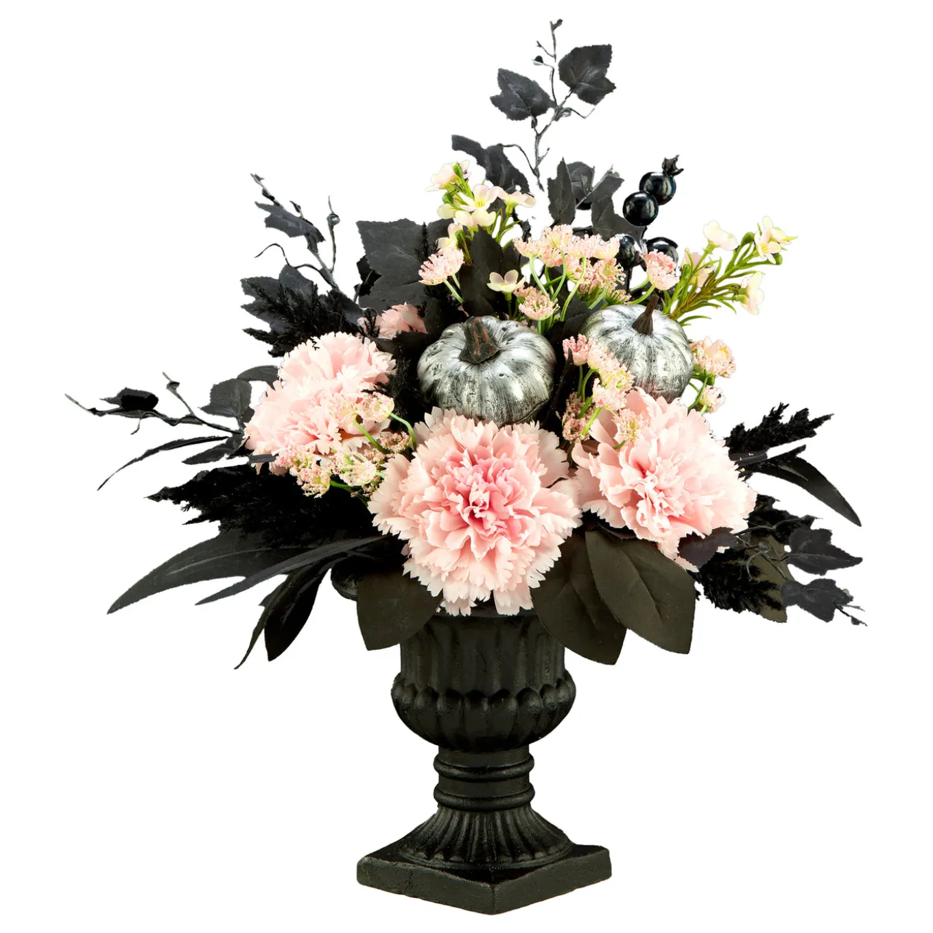 17 in. Halloween Pretty Morbid Pink Carnation Centerpiece with Black Pedestal Urn, Velvet Pumpkins