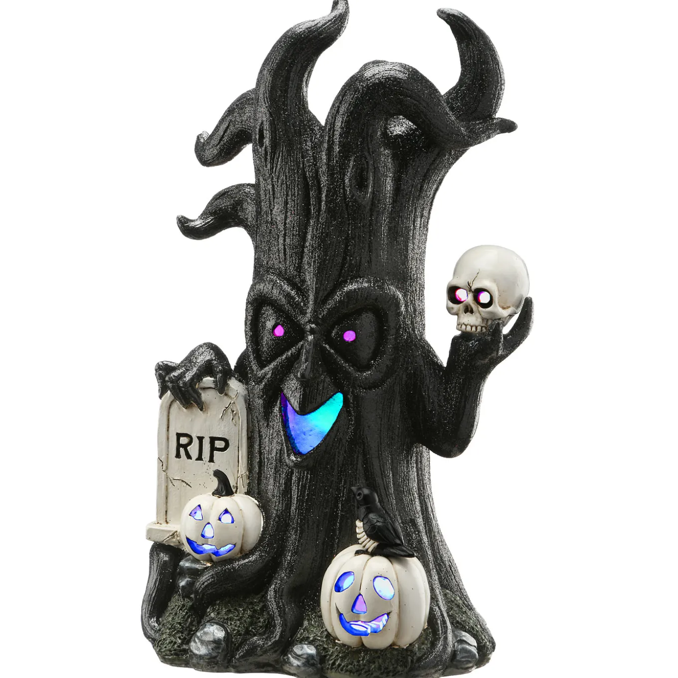15 in. Halloween Tree Holding Skull and RIP Tombstone with LED Lights