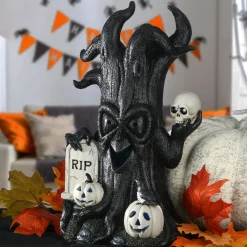 15 in. Halloween Tree Holding Skull and RIP Tombstone with LED Lights