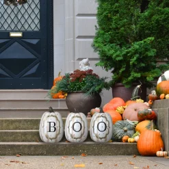 13 in. Halloween White Pumpkin BOO Sign Decoration