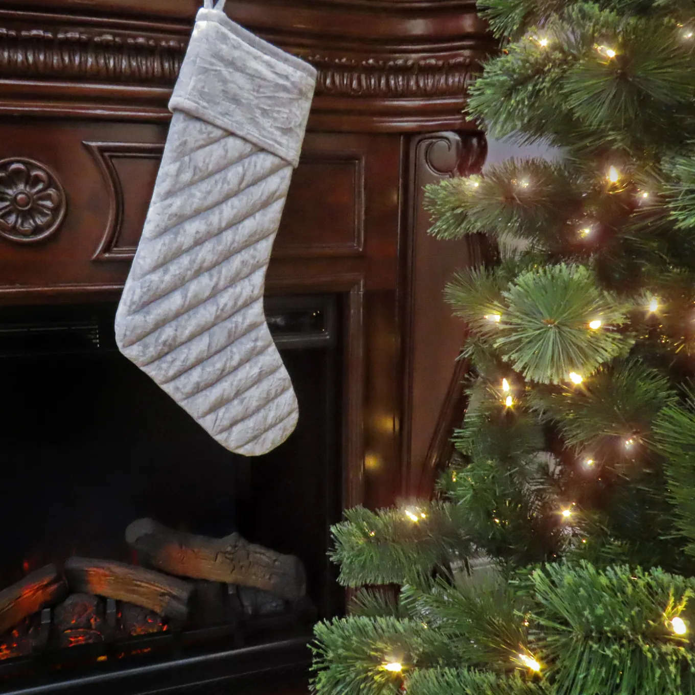 19 in. HGTV Home Collection Quilted Velvet Stocking, Silver