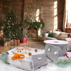 3 in. HGTV Home Collection Dupioni Button Ribbon, Silver