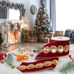 4 in. HGTV Home Collection Sequin Beaded Velour Velvet Ribbon, Burgundy