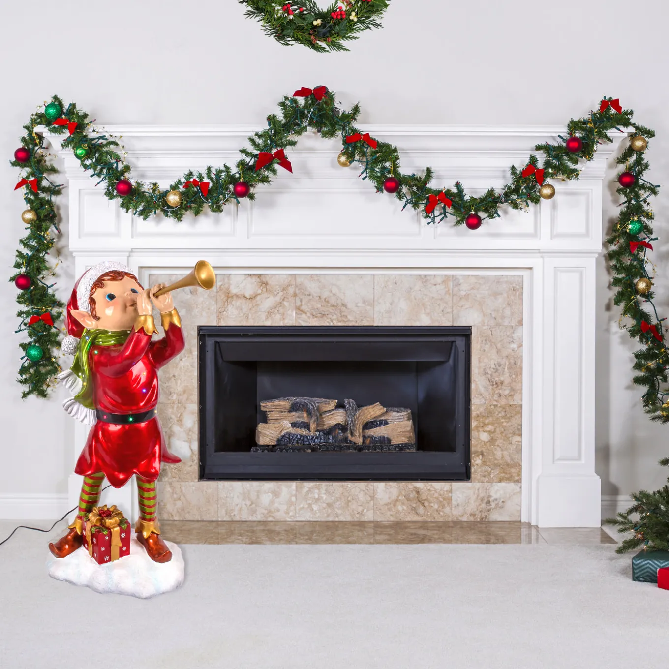 37 in. Horn Blowing Pixie Elf with Multicolor Lights