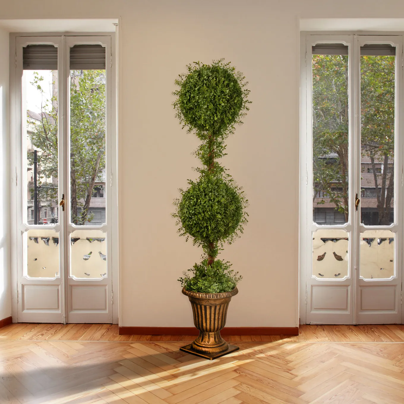 60 in. Mini Tea Leaf 2 Ball Topiary with Black in a Gold Urn