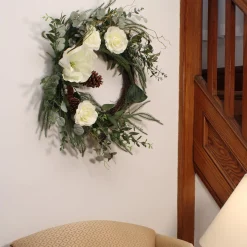 26 in. Mixed Greens and White Flowers Decorated Wreath