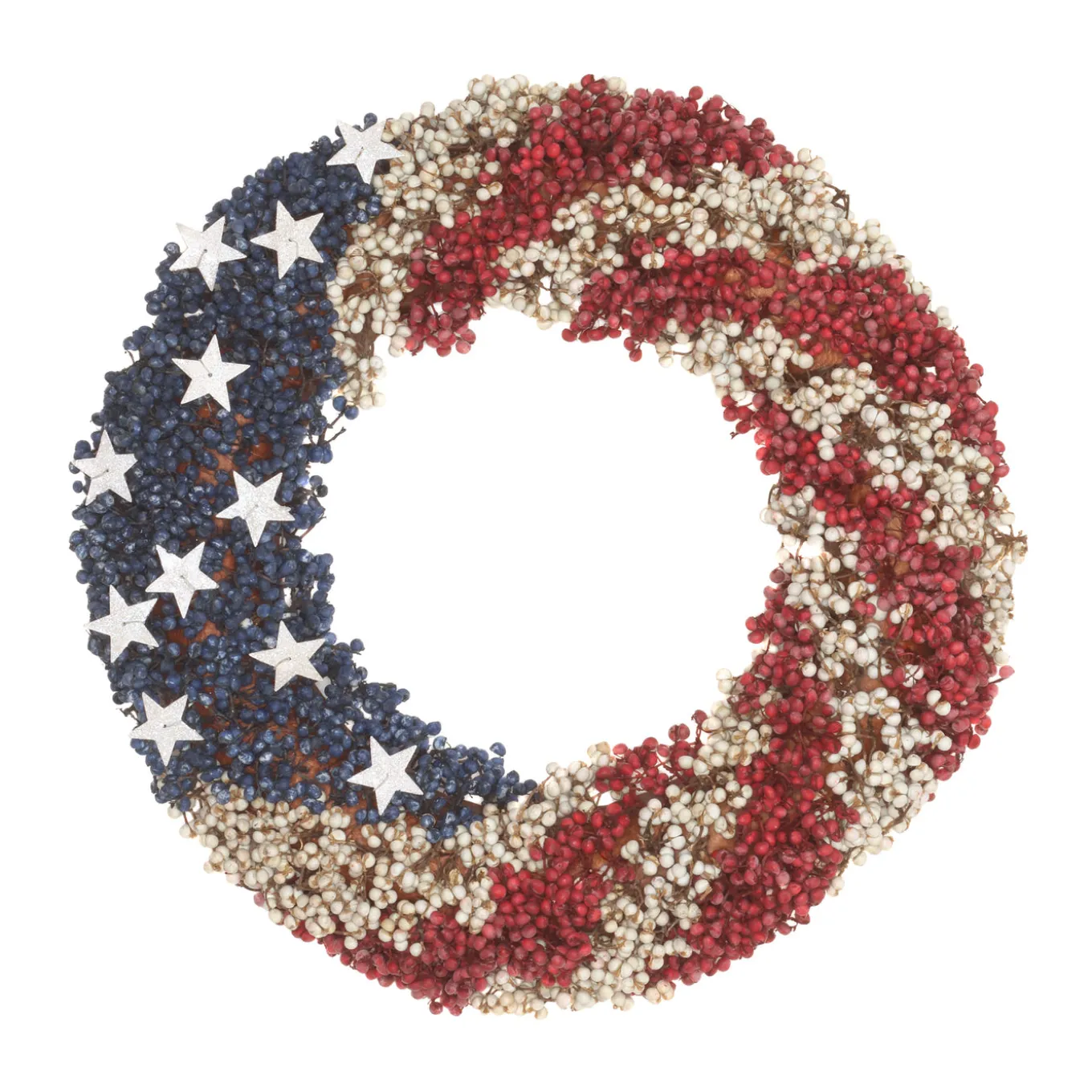 19 in. Patriotic Wreath with Red White and Blue Berry Clusters White Stars