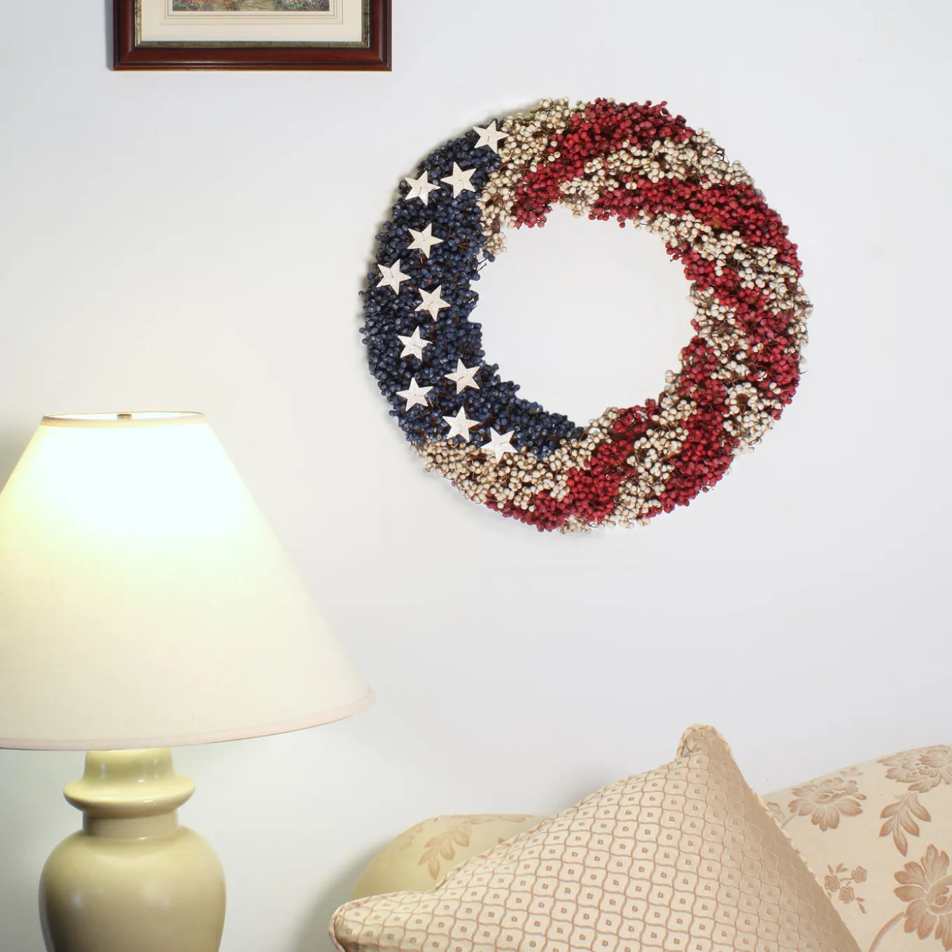19 in. Patriotic Wreath with Red White and Blue Berry Clusters White Stars