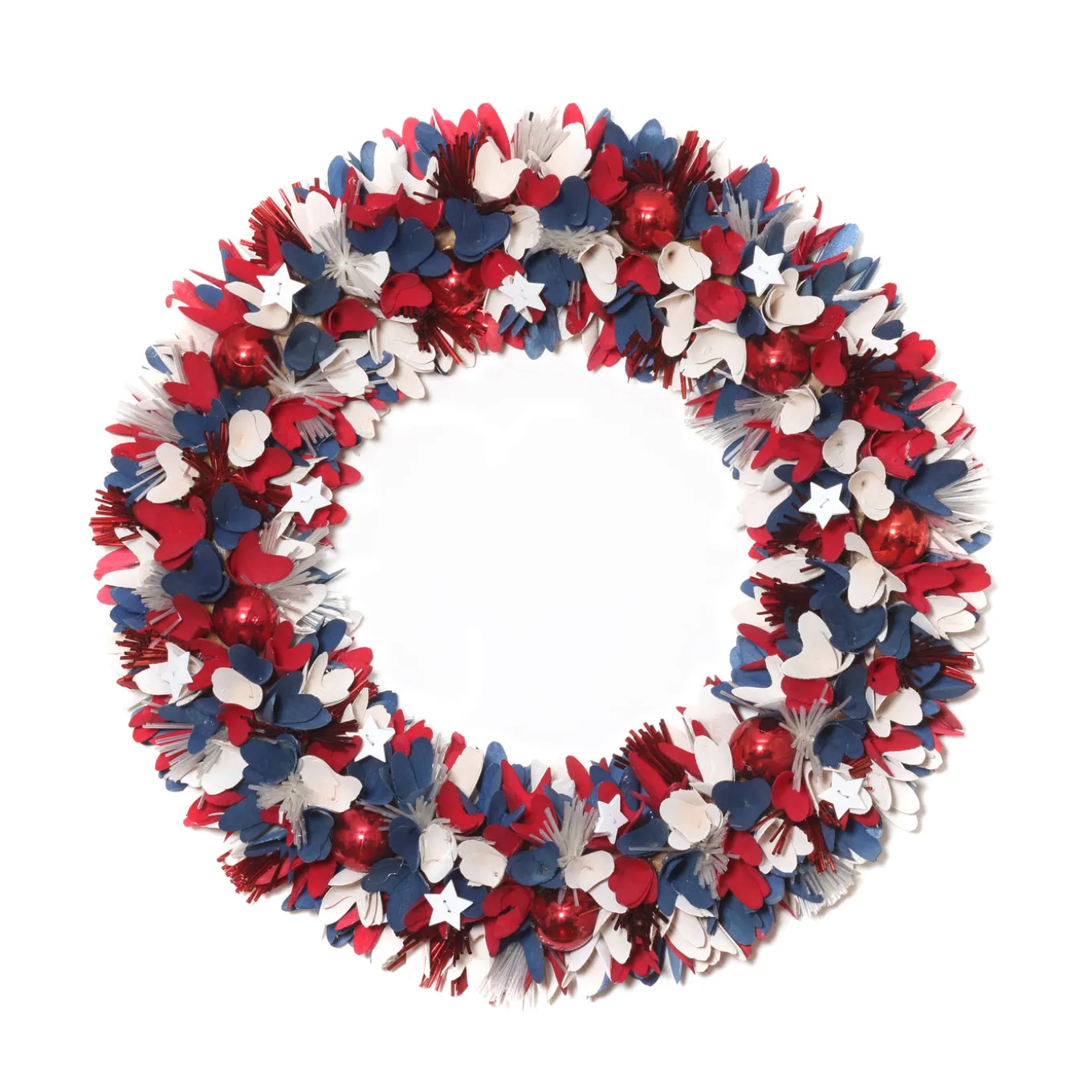 21 in. Patriotic Wreath with Red White and Blue Flowers Petals Tinsel