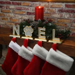 5 in. 4-Piece Silver Sparkle NOEL Christmas Stocking Holders, Silver and Gold with Paw Print