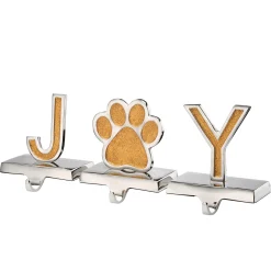 5 in. 3-Pieces Gold Sparkle JOY Christmas Stocking Holders, Gold and Silver with Paw Print