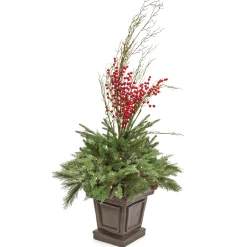 48 in. Pre Lit Evergreen Artificial Shrub with Red Berries, Pine Cones, LED Lights