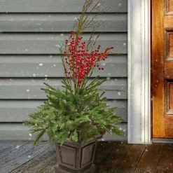 48 in. Pre Lit Evergreen Artificial Shrub with Red Berries, Pine Cones, LED Lights