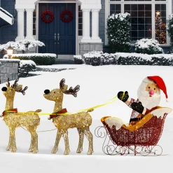 33 in. Pre Lit Santa and Reindeer Decoration, with Warm White LED Lights