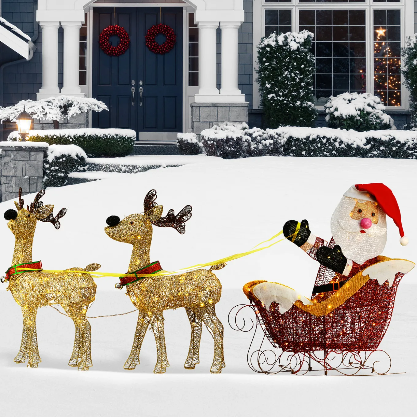 33 in. Pre Lit Santa and Reindeer Decoration, with Warm White LED Lights