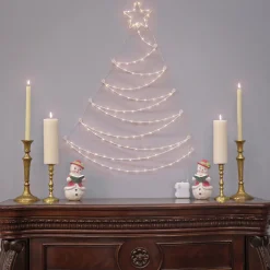 37 in. Pre-Lit Artificial Silver Christmas Tree, Hanging Metal Wire Decoration with Warm White LED Lights