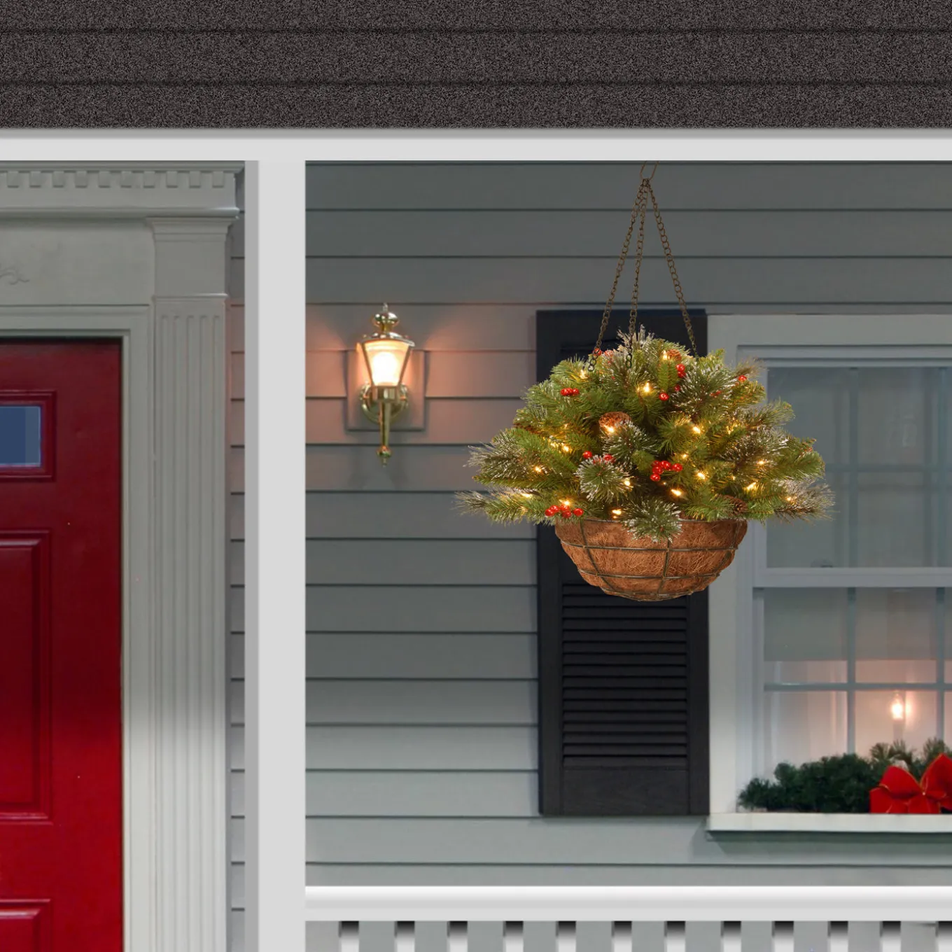 20 in. Pre-Lit Crestwood Spruce Hanging Basket with LED Lights