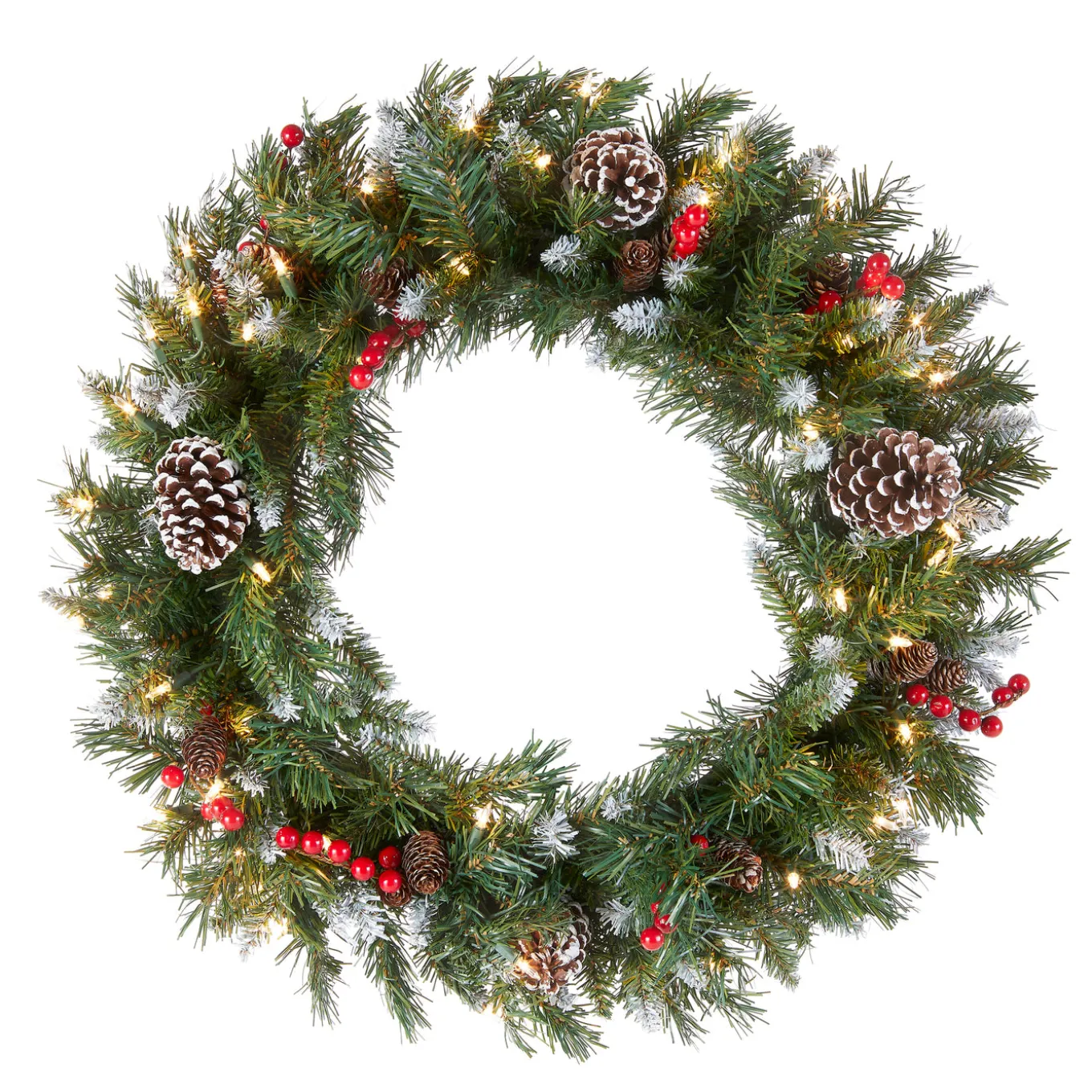 24 in. Pre-Lit Frosted Berry Wreath with Clear Lights, Plug-In