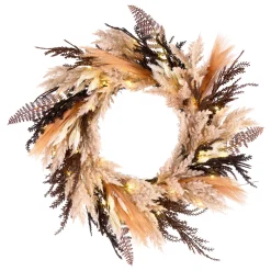 26 in. Pre-Lit Halloween Orange and Black Pampas Wreath with LED Lights