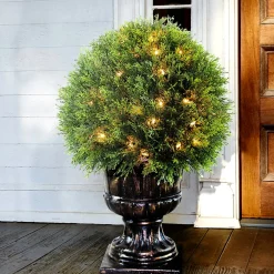 27 in. Pre-Lit Upright Juniper Ball Topiary Tree in a Decorative Urn with Clear Lights