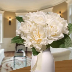 12 in. Spring Floral Bouquet with Cream Rose and Peony Blooms, Ribbon, Seed Pods, Leafy Greens