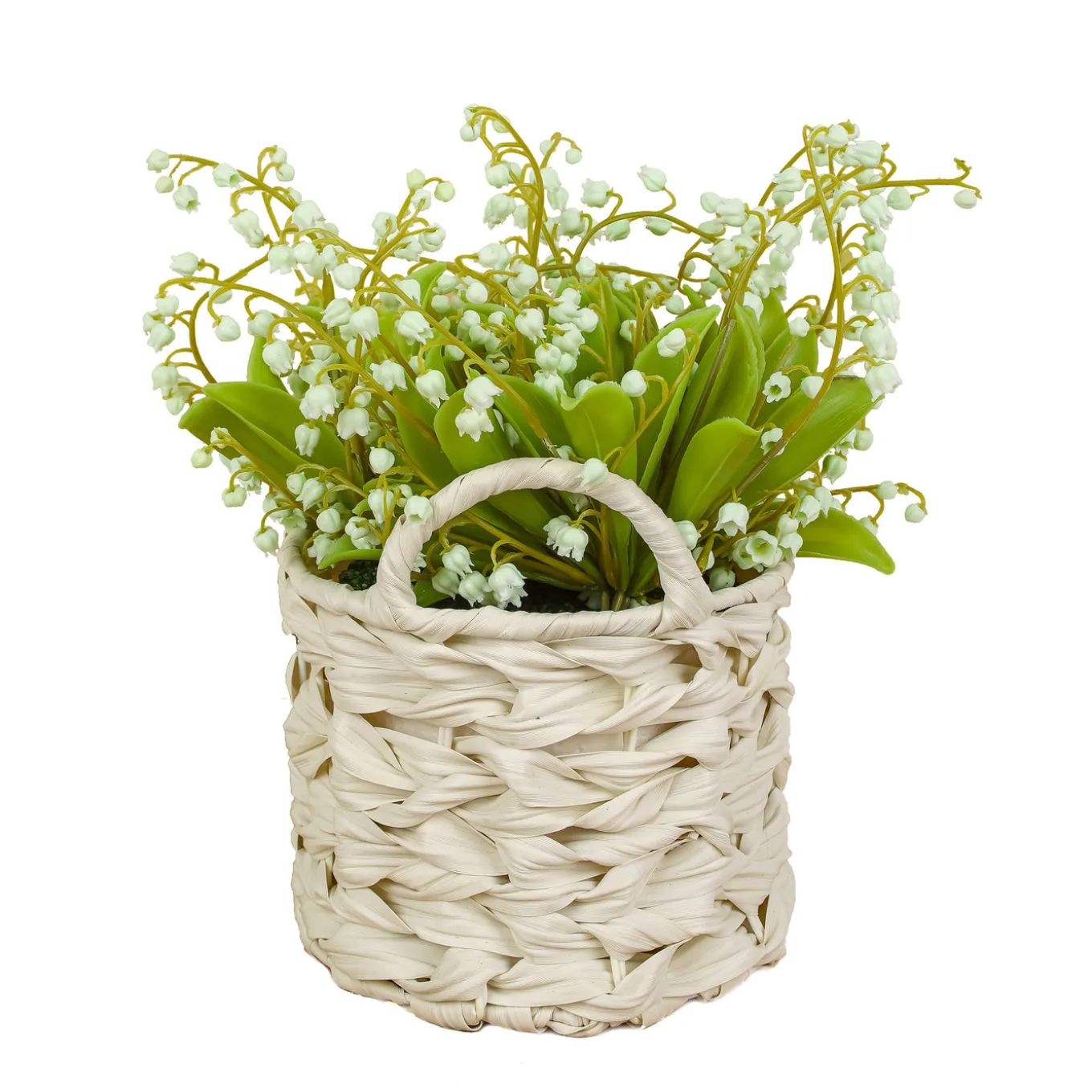11 in. Spring Green Lily-of-the-Valley Flowers in White Basket