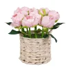 10 in. Spring Light Pink Peony Flower Bouquet in White Basket