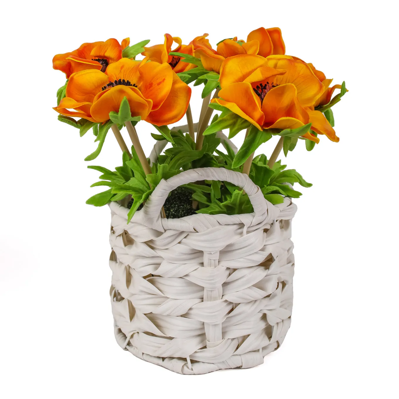 10 in. Spring Orange Anemone Flower Bouquet in White Basket