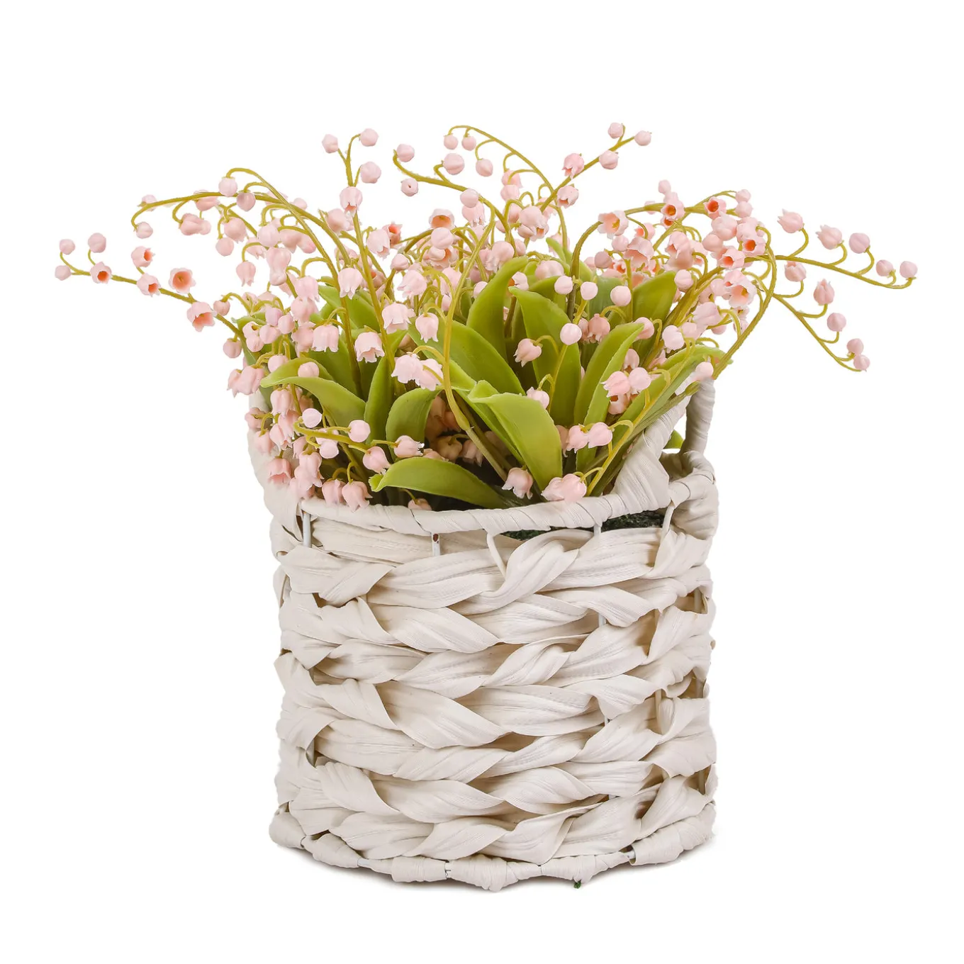 11 in. Spring Pink Lily-of-the-Valley Flowers in White Basket