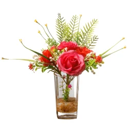 12 in. Spring Red Roses Flower Bouquet in Glass Vase with Leafy Greens
