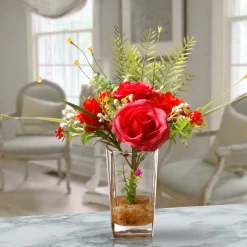 12 in. Spring Red Roses Flower Bouquet in Glass Vase with Leafy Greens