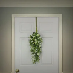 28 in. Spring Teardrop Wall Hanging Decoration with Flower Blooms, Berries, Leafy Greens