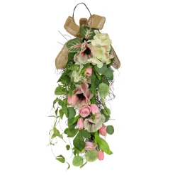 26 in. Spring Teardrop Wall Hanging Decoration with Hydrangea and Tulip Blooms, Eucalyptus Leaves, Flowing Green Stems