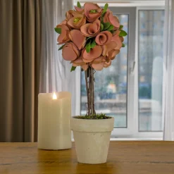 12 in. Spring Topiary with Pink Floral Blooms, White Pot Base