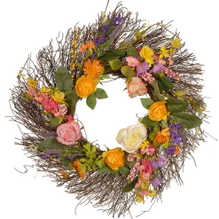 24 in. Spring Wildflower Wreath with Flower Blooms, Berry Clusters, Leaves
