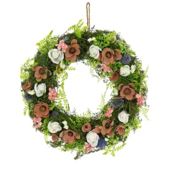 18 in. Spring Wreath with Assorted Flower Blooms, Roses, Seed Pods, Flowing Green Stems
