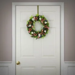 18 in. Spring Wreath with Assorted Flower Blooms, Roses, Seed Pods, Flowing Green Stems