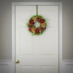 17 in. Spring Wreath with Assorted Spring Flower Blooms, Seed Pods, Flowing Green Stems