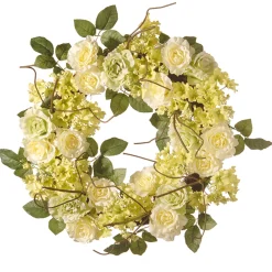 20 in. Spring Wreath with Cream Rose Blooms, Branches, Leafy Greens