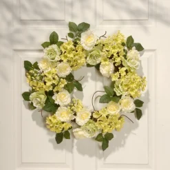 20 in. Spring Wreath with Cream Rose Blooms, Branches, Leafy Greens
