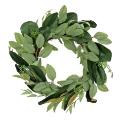22 in. Spring Wreath with Eucalyptus Leaves, Magnolia Blooms, Flowing Green Stems