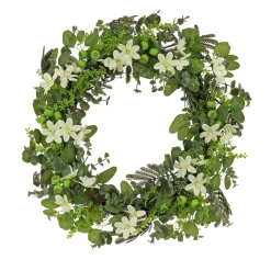 24 in. Spring Wreath with Mixed Flower Blooms and Flowing Green Stems